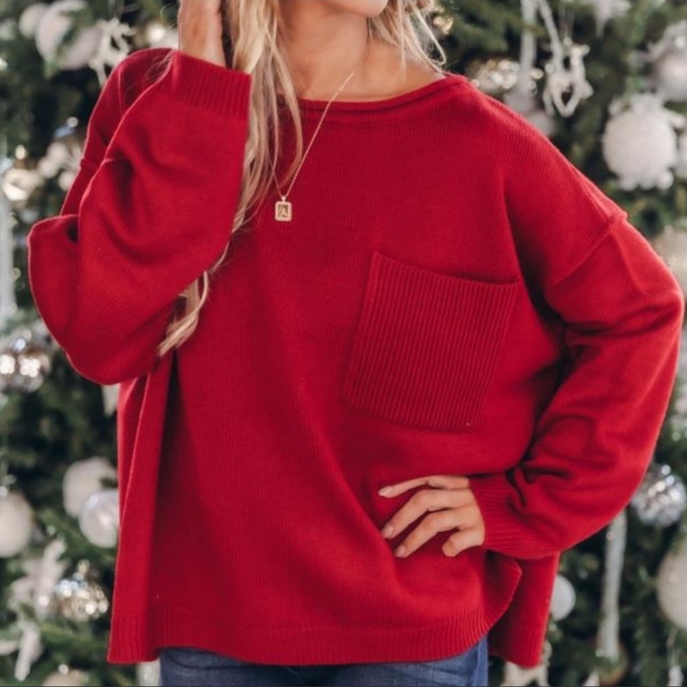 PINK LILY Cozy Up Pocket Red Sweater